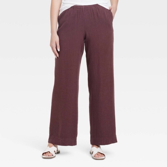 a new day Pants - Women's Mid-Rise Wide Leg Linen Pull-On Pants - A New Day™ Brown M: Seam Pocket